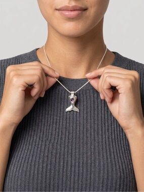 925 Sterling Silver Whale Tail Necklace with Purple Bead